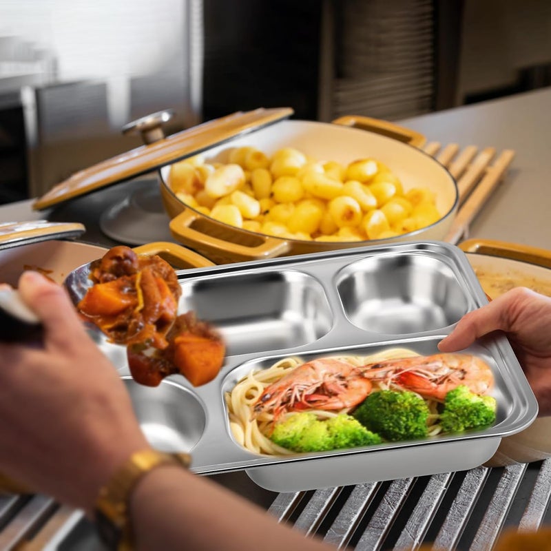 YARNOW Plates Set Dinner Stainless Steel Divided Dinner Plate: 1 Set of Rectangular Section Food Tray Sectional Dish Partitioned Food Serving Platter with Lid for Restaurant Divided Serving Dishes - Image 2