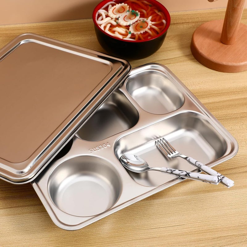 YARNOW Plates Set Dinner Stainless Steel Divided Dinner Plate: 1 Set of Rectangular Section Food Tray Sectional Dish Partitioned Food Serving Platter with Lid for Restaurant Divided Serving Dishes - Image 3