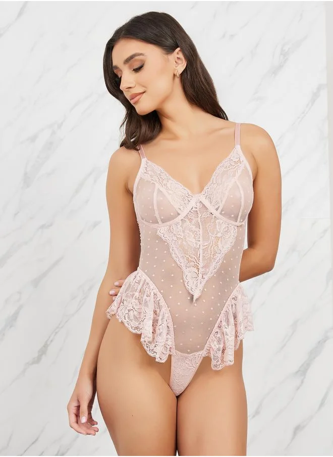 Styli Spot Lace Mesh Underwired Bodysuit with Ruffle Trim Detail