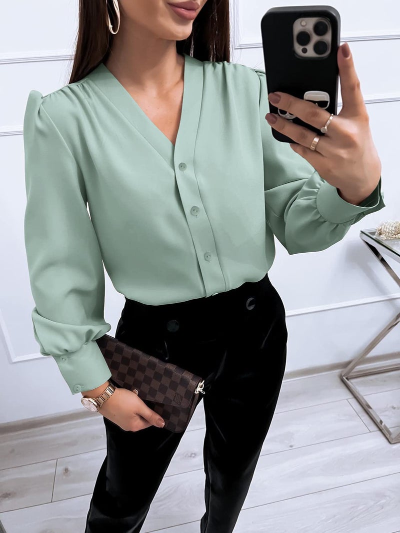 Flowyair Women's Business Casual Tops Summer Long Sleeve Button Down Shirts V Neck Chiffon Blouses - Image 3