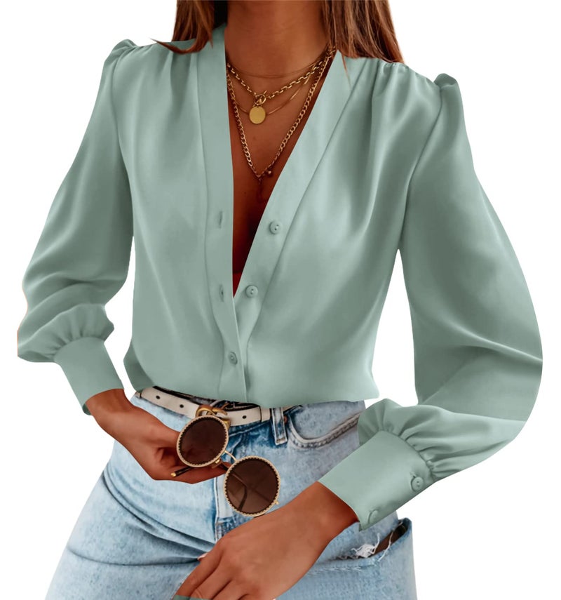 Flowyair Women's Business Casual Tops Summer Long Sleeve Button Down Shirts V Neck Chiffon Blouses - Image 1