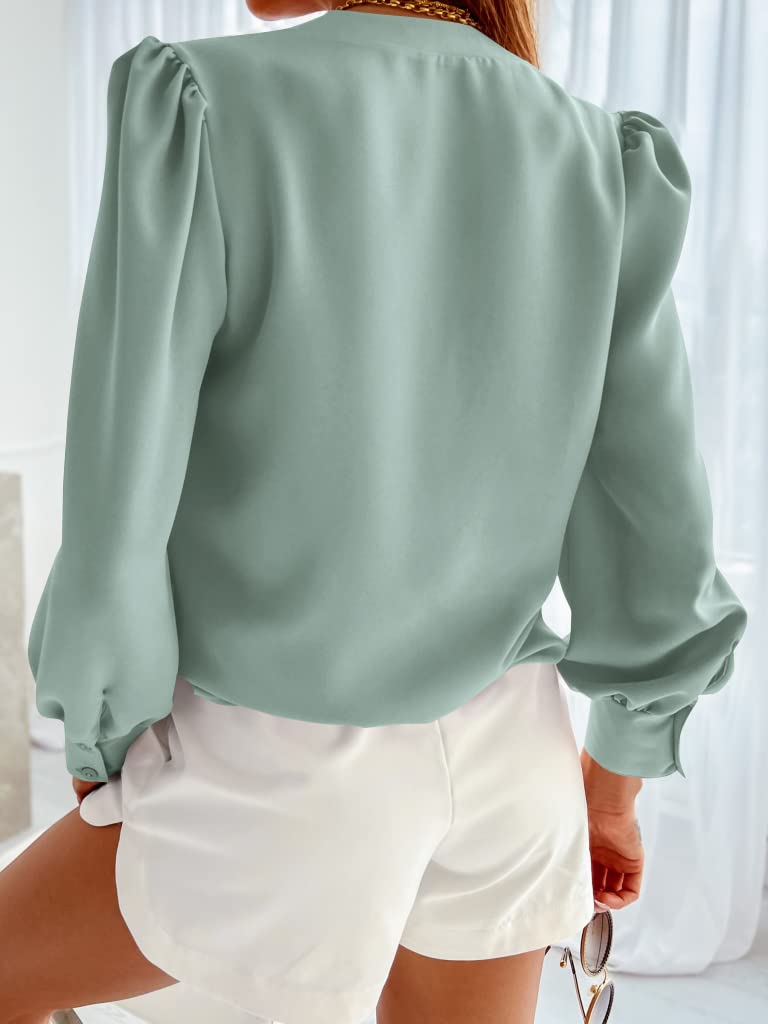 Flowyair Women's Business Casual Tops Summer Long Sleeve Button Down Shirts V Neck Chiffon Blouses - Image 2