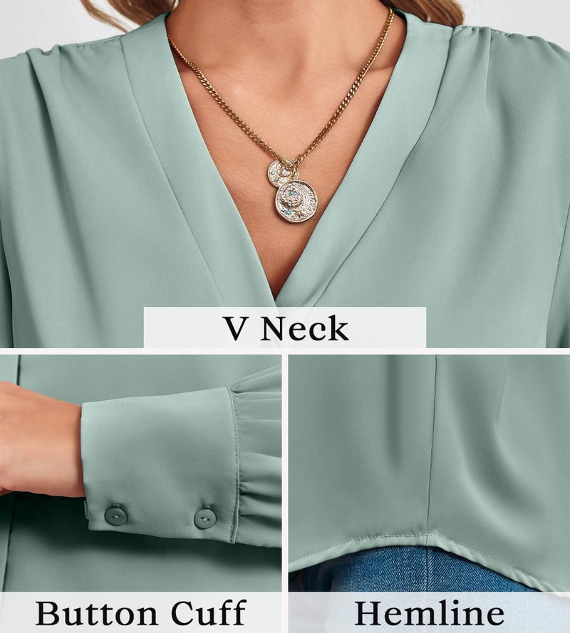 Flowyair Women's Business Casual Tops Summer Long Sleeve Button Down Shirts V Neck Chiffon Blouses - Image 5
