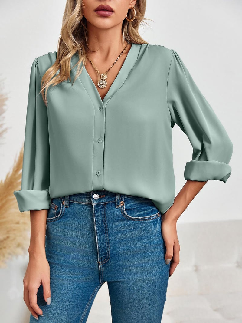 Flowyair Women's Business Casual Tops Summer Long Sleeve Button Down Shirts V Neck Chiffon Blouses - Image 4