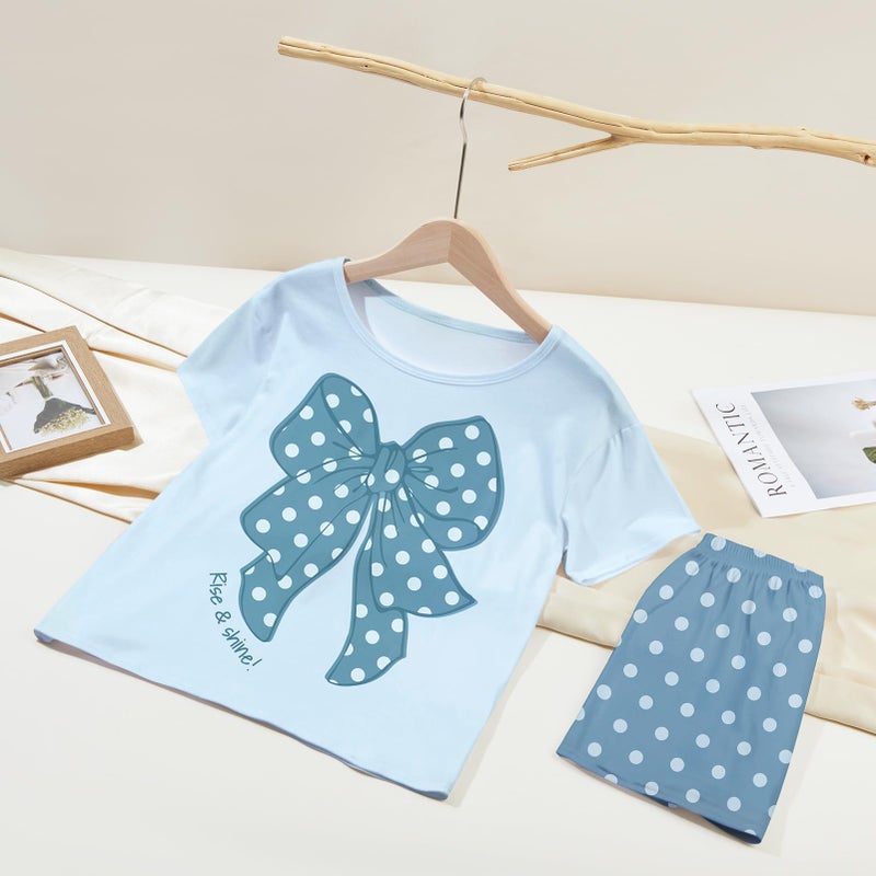 Beinou Girls Pajamas for Kids 2Pcs Pjs Girls Summer Pajama Sets Short Sleeve Top and Shorts for Teen Clothes Size 4-15, Blue, 8-9Y - Image 3