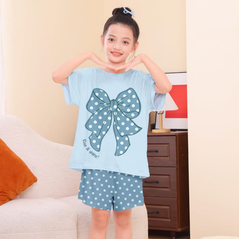Beinou Girls Pajamas for Kids 2Pcs Pjs Girls Summer Pajama Sets Short Sleeve Top and Shorts for Teen Clothes Size 4-15, Blue, 8-9Y - Image 2