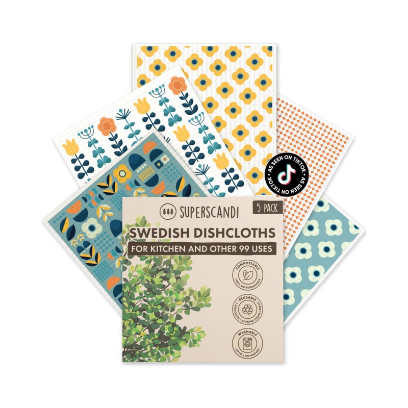SUPERSCANDI 5 Pack Swedish Dishcloths for Kitchen - 100% Biodegradable & Compostable | Reusable Paper Towels Washable, Food-Safe & Without Plastic - Dish Rags Suitable for Any Surface | Scandi Design - Image 1