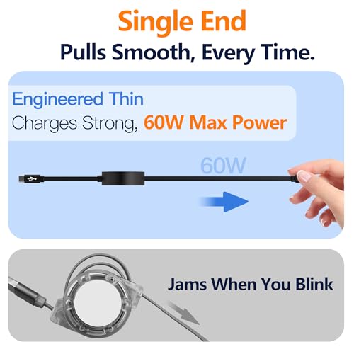 AGVEE 0.3ft Fixed / 2.3ft Extend USB-C to C Charger Cable Mountable One Way Retractable 60W Fast Charging Cord, Pocket-Sized for iPhone 16 15, Samsung, Android, Desk Organizer, Black - Image 5