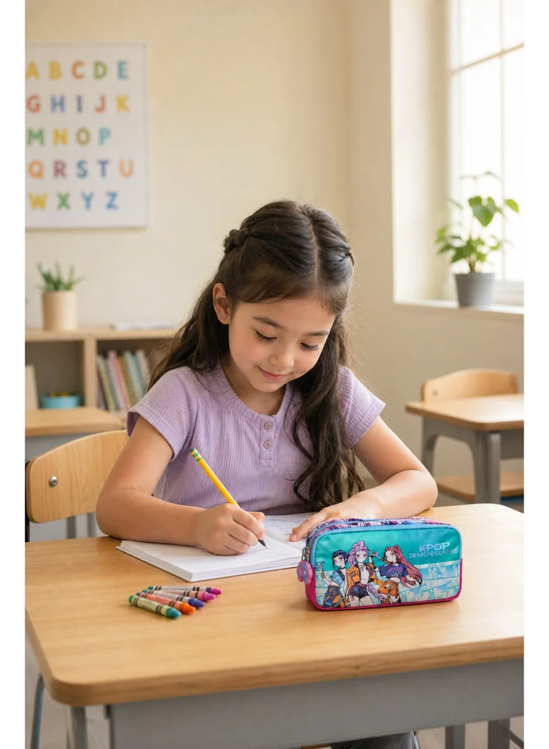 نيتفليكس Netflix KPop Demon Hunters Regular Pencil Case | Huntrix Double Zipper Pencil Pouch for Kids & Teens | Large Capacity School Stationery Organizer | Durable K-Pop Inspired Pencil Case