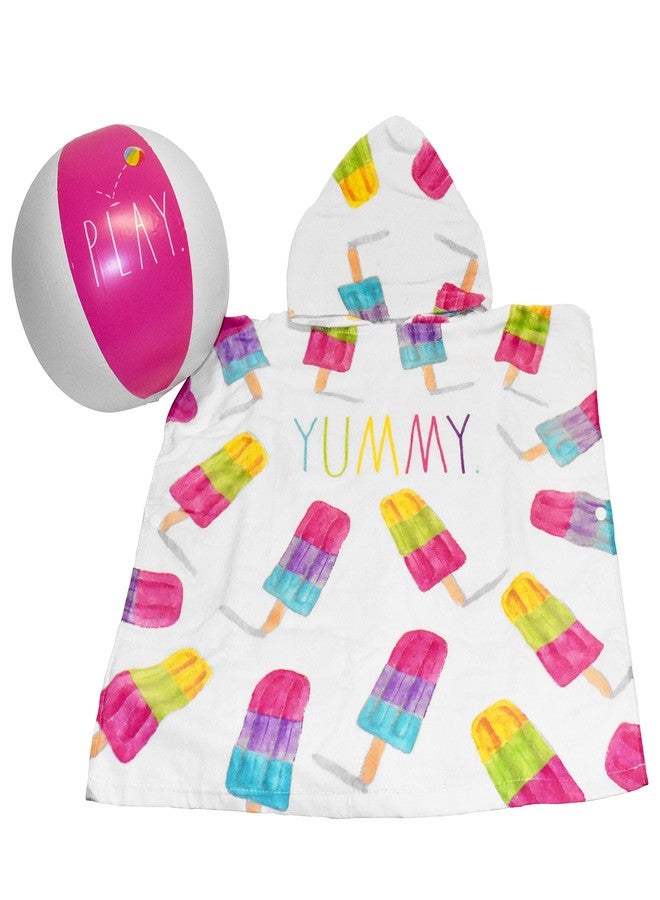 CocoNut Float Rae Dunn Kids Poncho Towel with Colorful 12" Beach Ball- 100% Cotton Hooded Bath Towel with Rainbow Popsicle Graphics, Great for Girls & Boys; Ideal for Pool or Beach Days, Fits 3-10 Yrs - Image 1