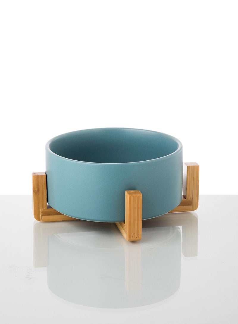 Matte blue ceramic serving bowl with wooden stand size 16 cm
