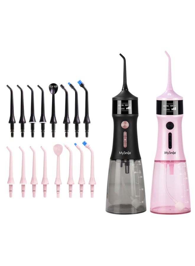 ماي سمايل جهاز تنظيف الأسنان بالماء اللاسلكي MySmile LP221 UVC القابل للتعقيم بسعة 335 مل مع شاشة OLED محمولة، مزود بأربع أوضاع وثمانية رؤوس نفاثة وحقيبة تخزين للاستخدام المنزلي والسفر (أسود وردي) - Image 1