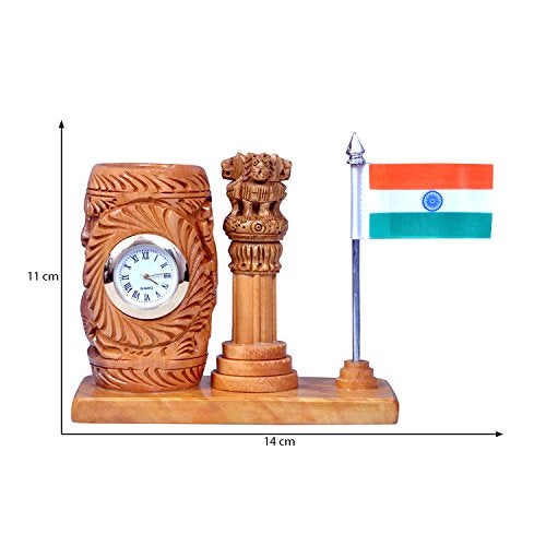 Craft Trade Pen Stand with Clock - Wooden Ashok Stambh and Indian Flag Pencil Holder for Office Table and Study Table Office Decor Desk Organiser - Image 5
