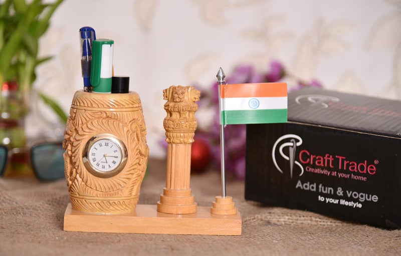 Craft Trade Pen Stand with Clock - Wooden Ashok Stambh and Indian Flag Pencil Holder for Office Table and Study Table Office Decor Desk Organiser - Image 3