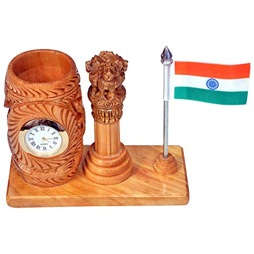 Craft Trade Pen Stand with Clock - Wooden Ashok Stambh and Indian Flag Pencil Holder for Office Table and Study Table Office Decor Desk Organiser - Image 2