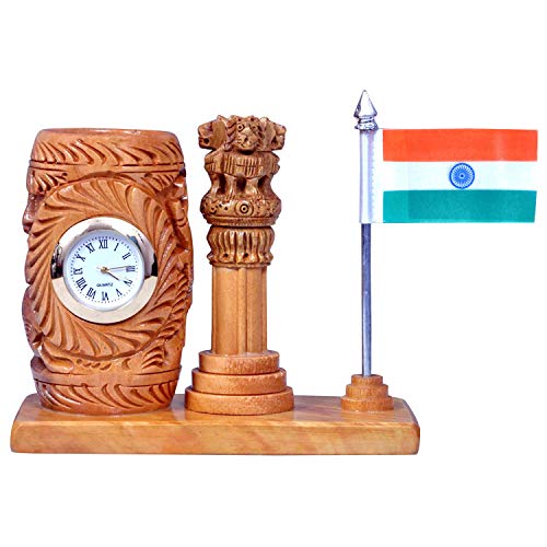 Craft Trade Pen Stand with Clock - Wooden Ashok Stambh and Indian Flag Pencil Holder for Office Table and Study Table Office Decor Desk Organiser - Image 1