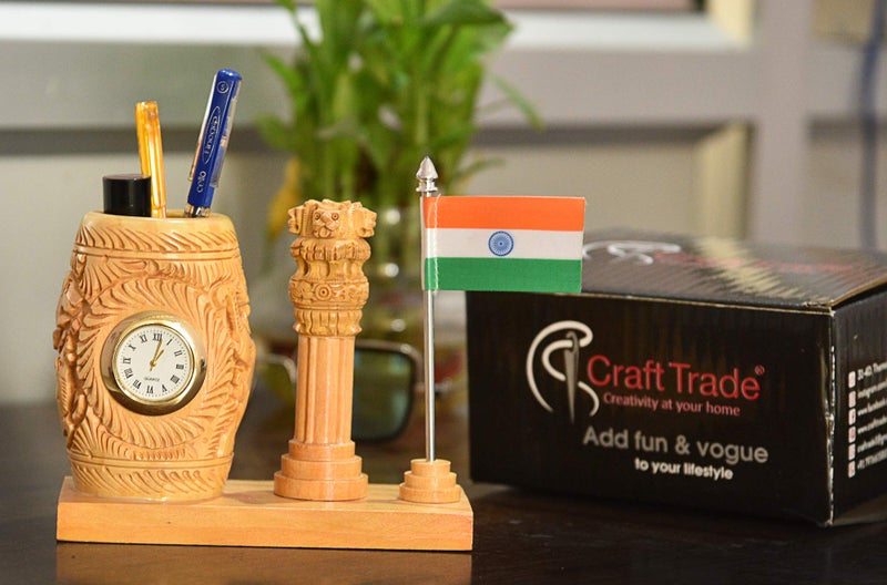 Craft Trade Pen Stand with Clock - Wooden Ashok Stambh and Indian Flag Pencil Holder for Office Table and Study Table Office Decor Desk Organiser - Image 4