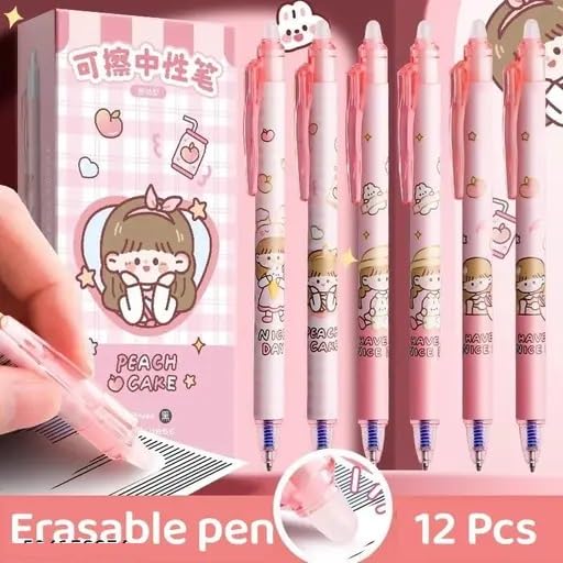 KmCho Pink Erasable Gel Pens, 0.5 mm Fine Tip - Blue Ink in Pink Barrel, 12Pcs Cute Cartoon Design, Smooth Quick-Dry Writing Pens for School, Office - Image 2
