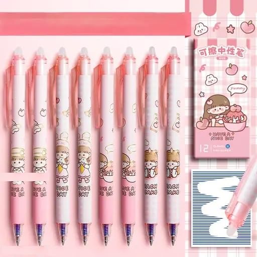 KmCho Pink Erasable Gel Pens, 0.5 mm Fine Tip - Blue Ink in Pink Barrel, 12Pcs Cute Cartoon Design, Smooth Quick-Dry Writing Pens for School, Office - Image 3