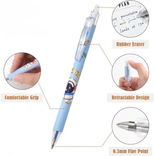KmCho Pink Erasable Gel Pens, 0.5 mm Fine Tip - Blue Ink in Pink Barrel, 12Pcs Cute Cartoon Design, Smooth Quick-Dry Writing Pens for School, Office - Image 5