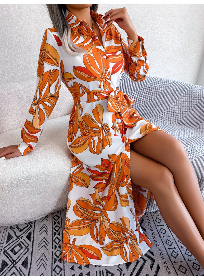Generic - Spring Summer Floral Collar Tie Shirt Dress Rose Red - Image 1