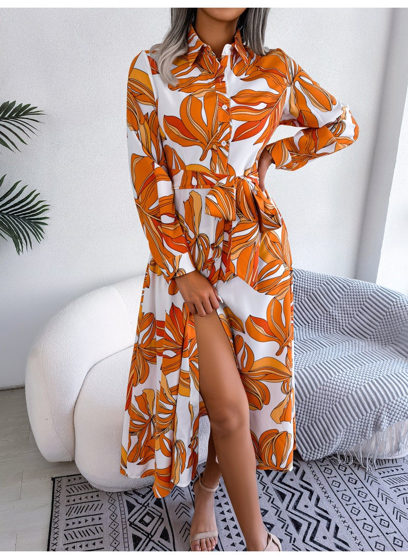 Generic - Spring Summer Floral Collar Tie Shirt Dress Rose Red - Image 1