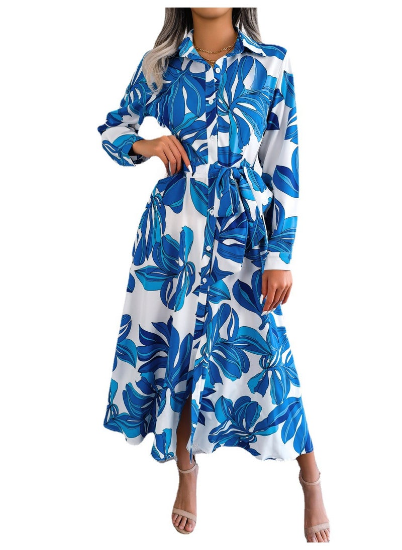 Generic - Spring Summer Floral Collar Tie Shirt Dress Rose Red - Image 1