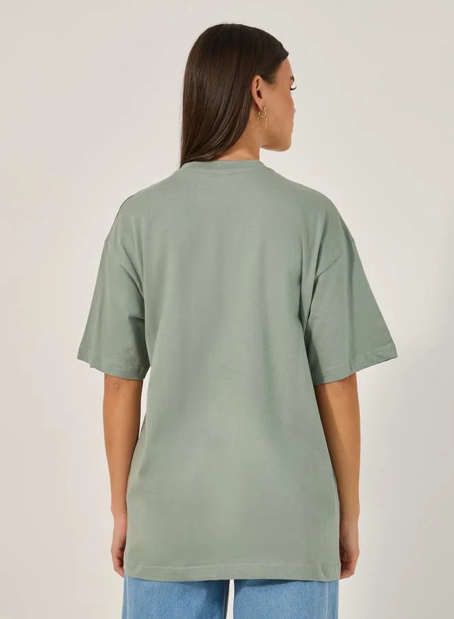 Styli Embroidered Oversized Round Neck Longline T-Shirt