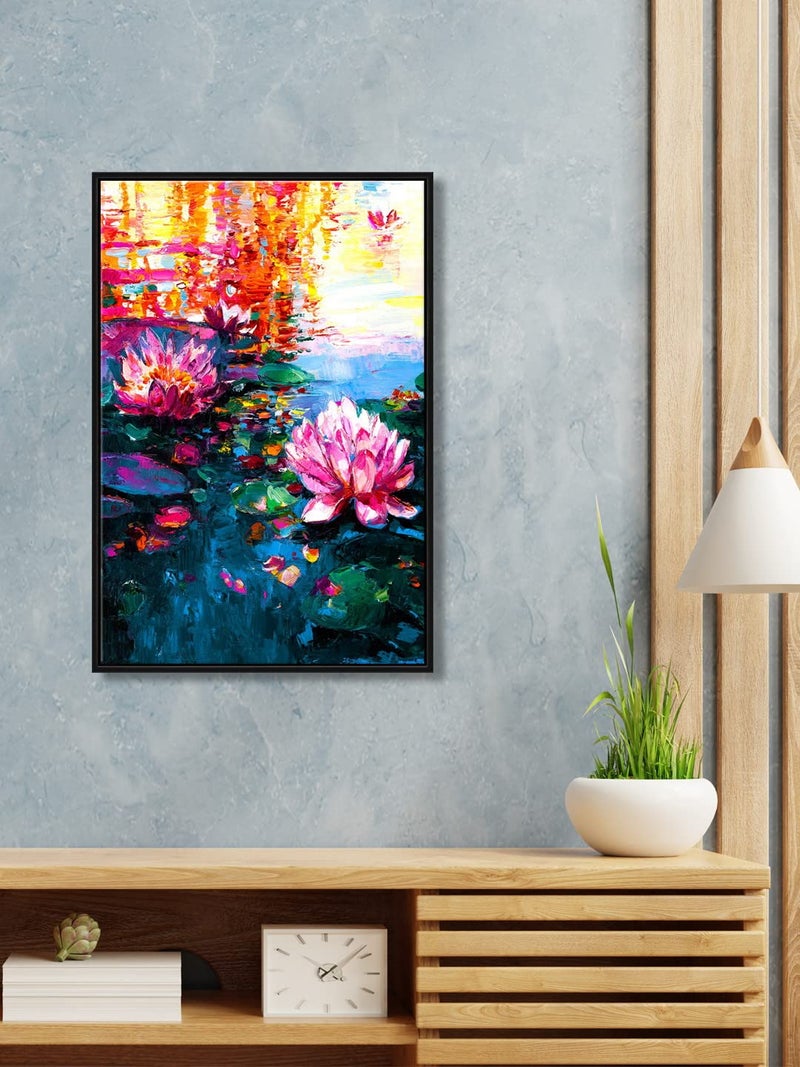 999STORE 999STORE floating frame lotus flower and pink water lilies vertical painting for wall Canvas_Black Frame_16X24 Inches Black010 