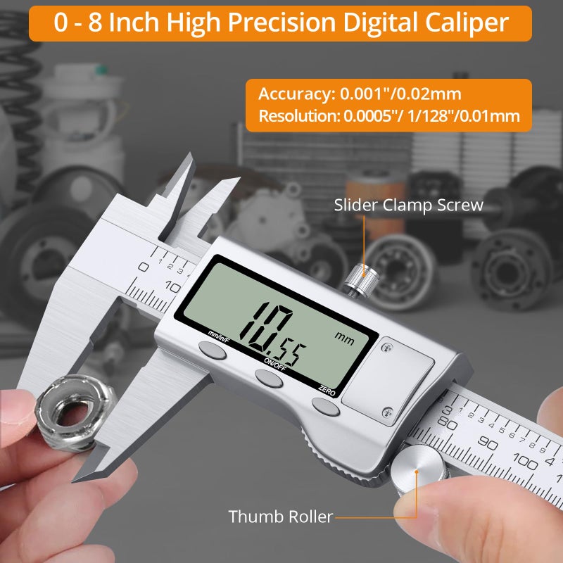 Neoteck مجموعة نيتوك 8 بوصة من الكالبر الرقمي ومقياس الإحساس، أداة قياس الفولاذ المقاوم للصدأ الإلكترونية مع شاشة LCD كبيرة، تحويل بين الكسور/البوصة/المتر - Image 2