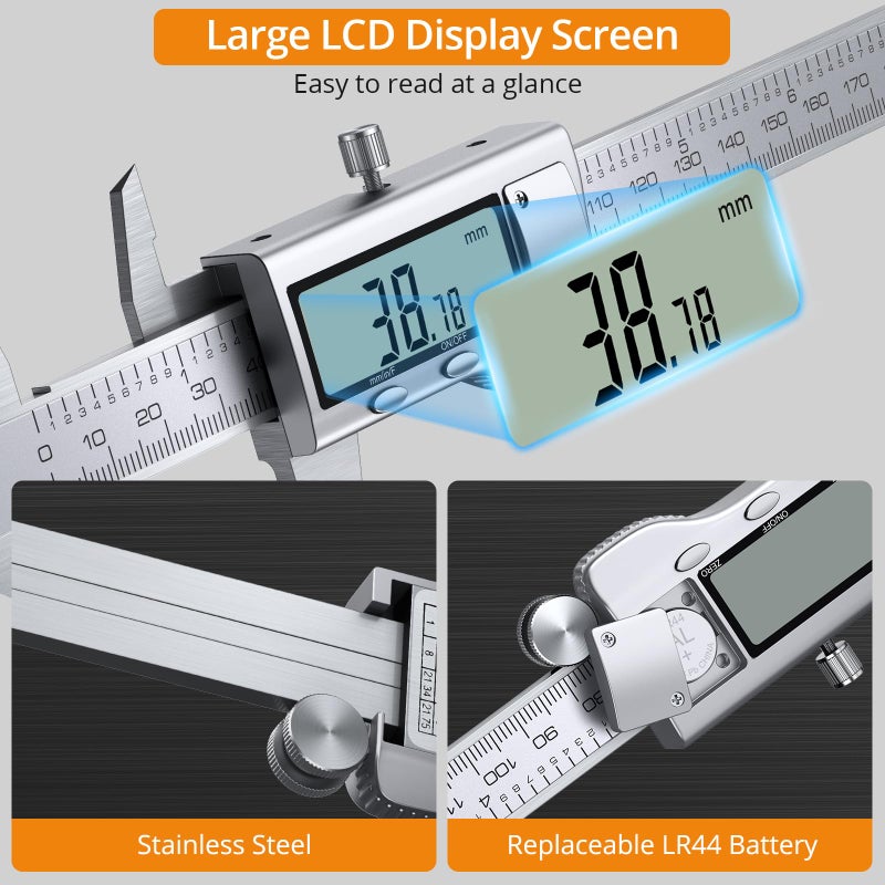 Neoteck مجموعة نيتوك 8 بوصة من الكالبر الرقمي ومقياس الإحساس، أداة قياس الفولاذ المقاوم للصدأ الإلكترونية مع شاشة LCD كبيرة، تحويل بين الكسور/البوصة/المتر - Image 5