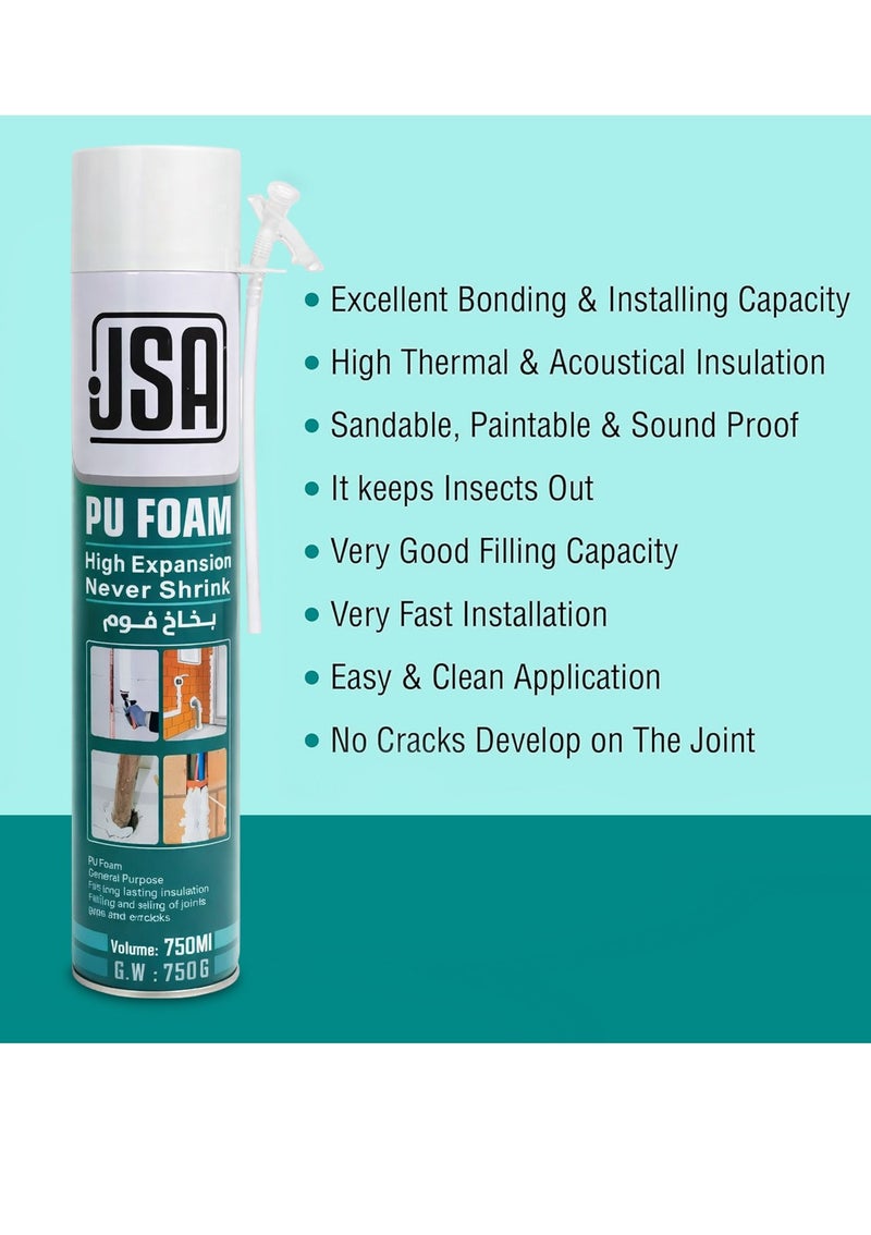 JSA PU Foam Spray 750ml High Expansion Insulating Sealant Foam for Gap Filling Crack Sealing Door Window Frame Insulation Waterproof Soundproof Expanding Spray Foam for Construction Repair Pipe Sealing Wall Joint Filling DIY Building Insulation - Image 2