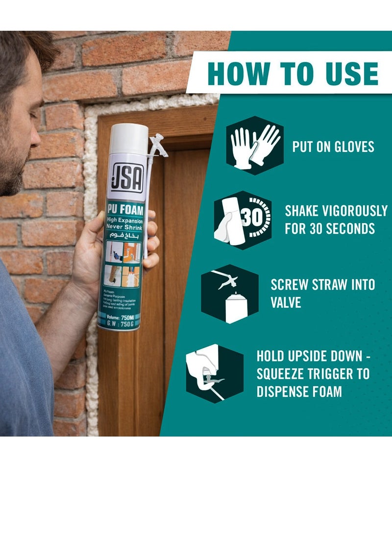 JSA PU Foam Spray 750ml High Expansion Insulating Sealant Foam for Gap Filling Crack Sealing Door Window Frame Insulation Waterproof Soundproof Expanding Spray Foam for Construction Repair Pipe Sealing Wall Joint Filling DIY Building Insulation - Image 3