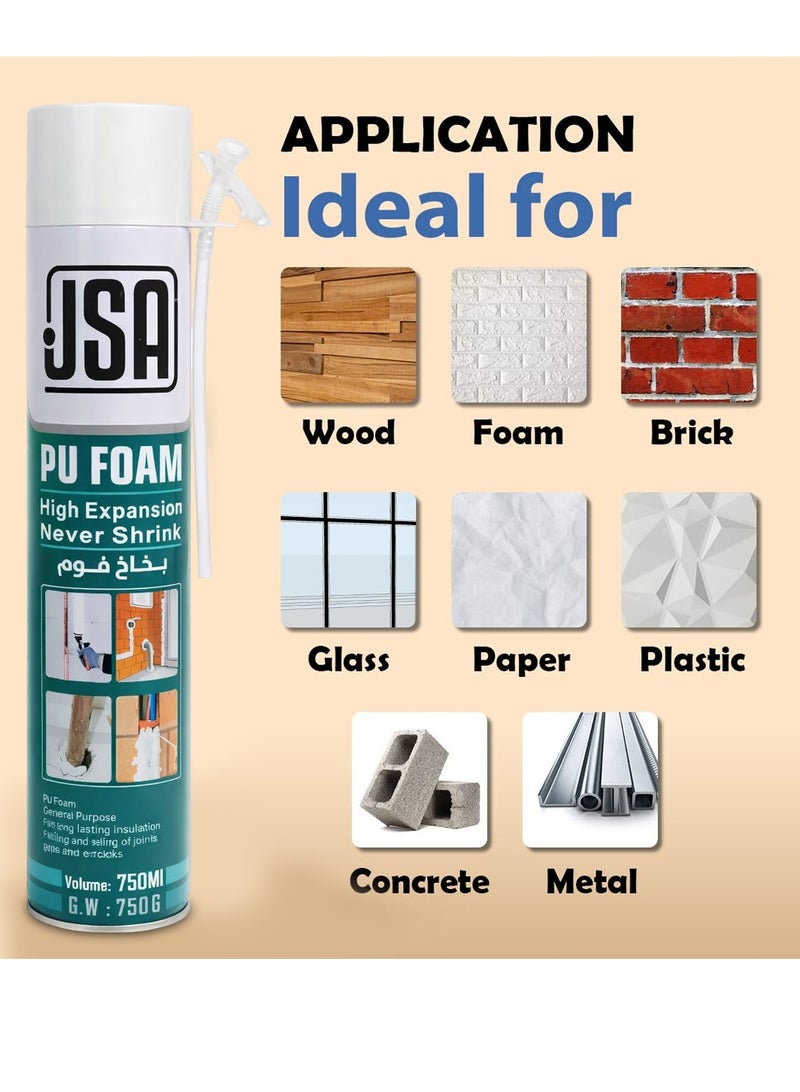 JSA PU Foam Spray 750ml High Expansion Insulating Sealant Foam for Gap Filling Crack Sealing Door Window Frame Insulation Waterproof Soundproof Expanding Spray Foam for Construction Repair Pipe Sealing Wall Joint Filling DIY Building Insulation - Image 4