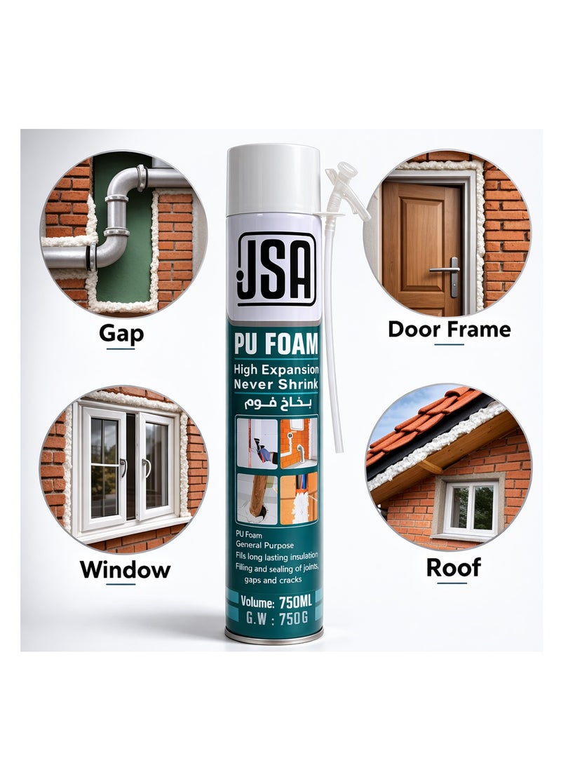 JSA PU Foam Spray 750ml High Expansion Insulating Sealant Foam for Gap Filling Crack Sealing Door Window Frame Insulation Waterproof Soundproof Expanding Spray Foam for Construction Repair Pipe Sealing Wall Joint Filling DIY Building Insulation - Image 5