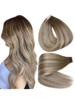 Full Shine Tape In Real Hair Extensions 18 Inch Color 3 Fading To 8 Highlighted 22 Blonde Balayage Seamless Tape In Extensions Human Hair 50 Grams Per Package Tape In Hair 20Pcs For Wedding  - Image 1