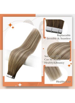 Full Shine Tape In Real Hair Extensions 18 Inch Color 3 Fading To 8 Highlighted 22 Blonde Balayage Seamless Tape In Extensions Human Hair 50 Grams Per Package Tape In Hair 20Pcs For Wedding  - Image 2