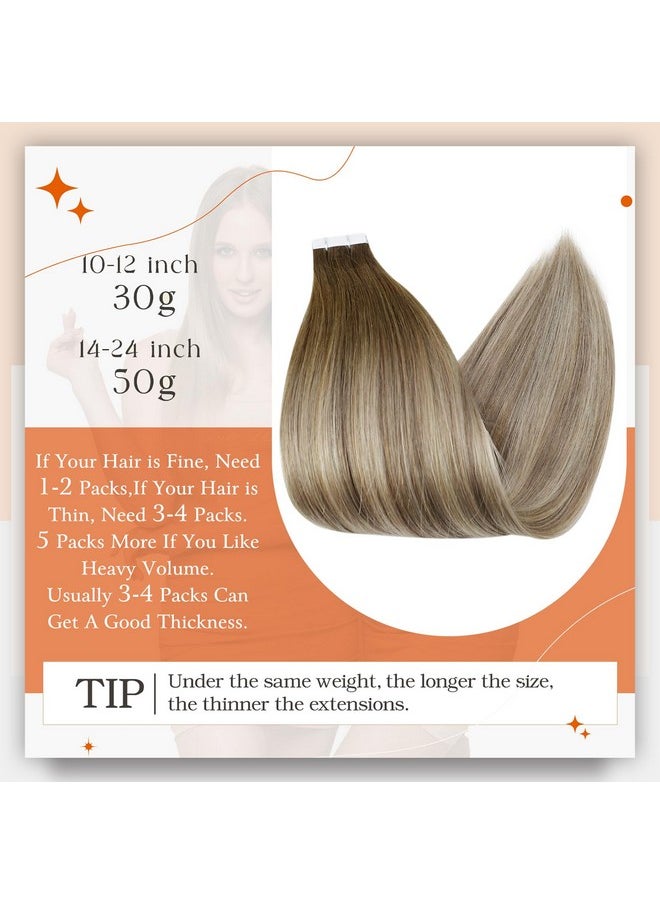 Full Shine Tape In Real Hair Extensions 18 Inch Color 3 Fading To 8 Highlighted 22 Blonde Balayage Seamless Tape In Extensions Human Hair 50 Grams Per Package Tape In Hair 20Pcs For Wedding  - Image 3