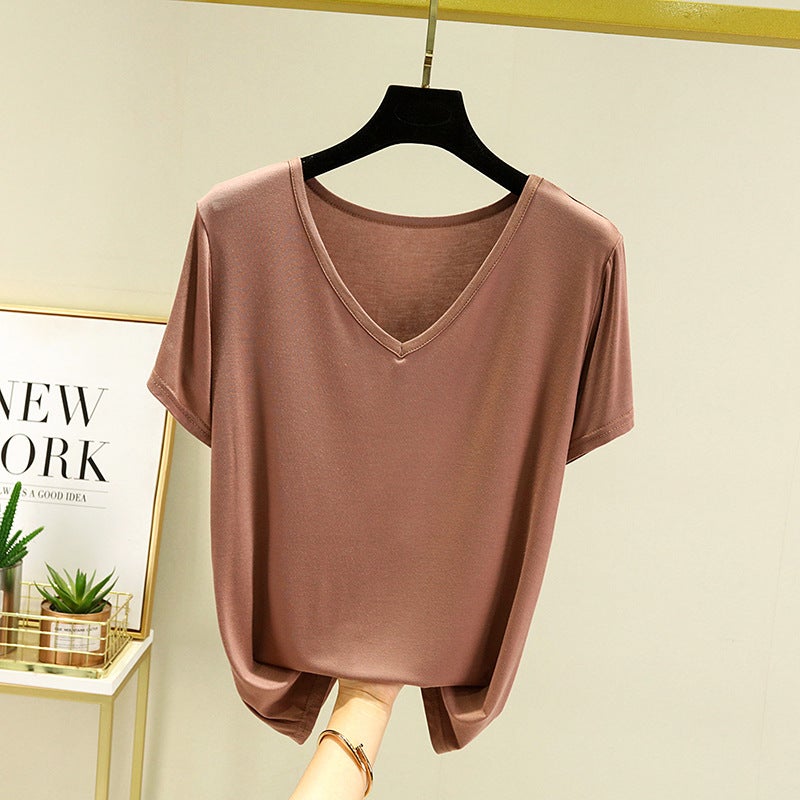 Modal Short-Sleeved T-Shirt Women'S Summer Plus Size Loose V-Neck Base Shirt Outer Wear Thin Inner Casual All-Match Top - Image 1