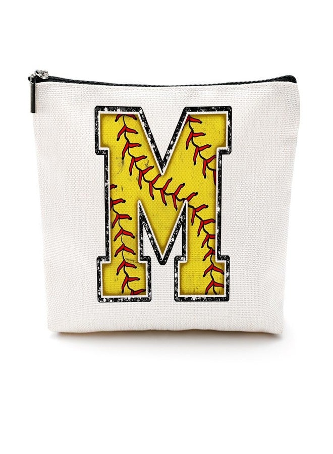 CQM Softball Gifts Initial Monogrammed Cosmetic Bag Letter M Zipper Pouch for Girls Women Softball Player Coach Friend Graduation Birthday Gifts - Image 1