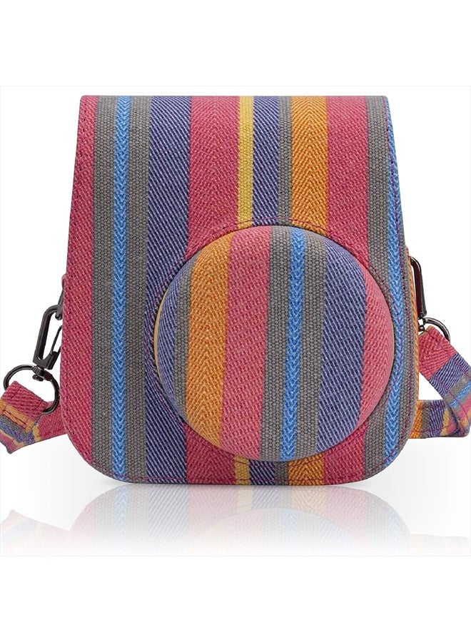 Frankmate Canvas Camera Case Compatible with Fujifilm Instax Mini 11 12 Instant Camera with Adjustable Strap and Pocket (Color Stripes) - Image 1