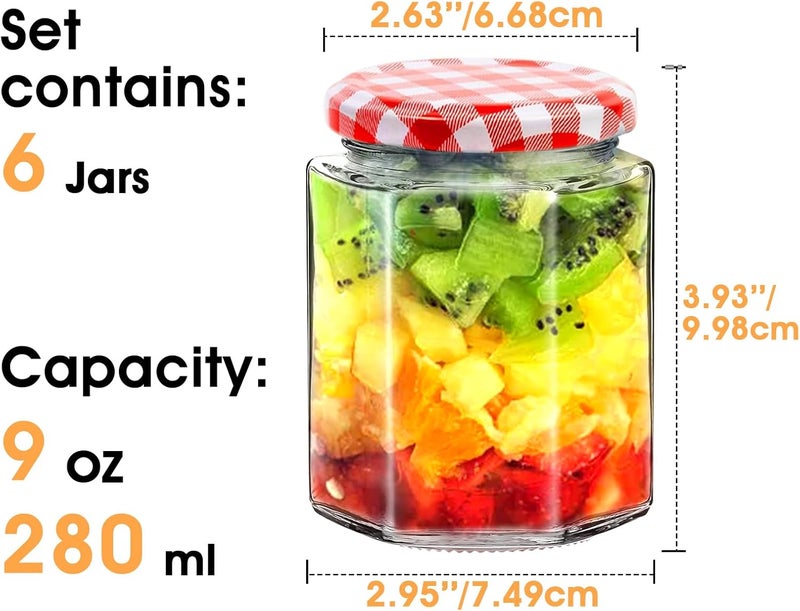 Showvigor Glass Jam Jars with Red Gingham Lid - 280ml/9oz - Hexagonal Storage Glass Jars, Clear Airtight Jar for Pickling, Chutney, Jam, Coffee - 6 Set - Image 2