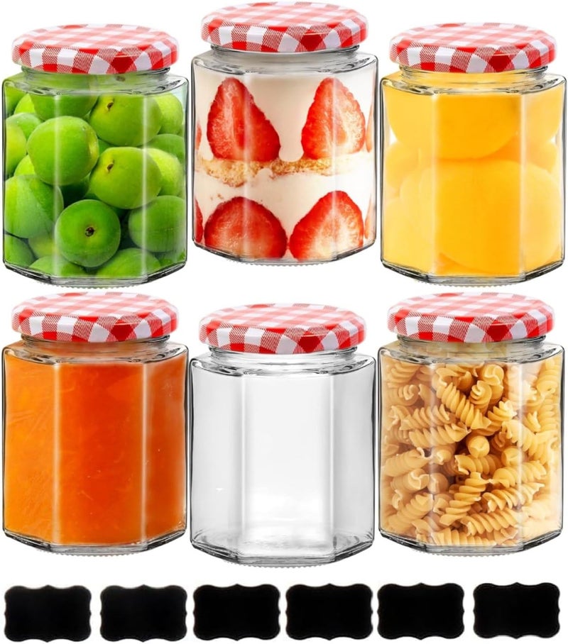 Showvigor Glass Jam Jars with Red Gingham Lid - 280ml/9oz - Hexagonal Storage Glass Jars, Clear Airtight Jar for Pickling, Chutney, Jam, Coffee - 6 Set - Image 1