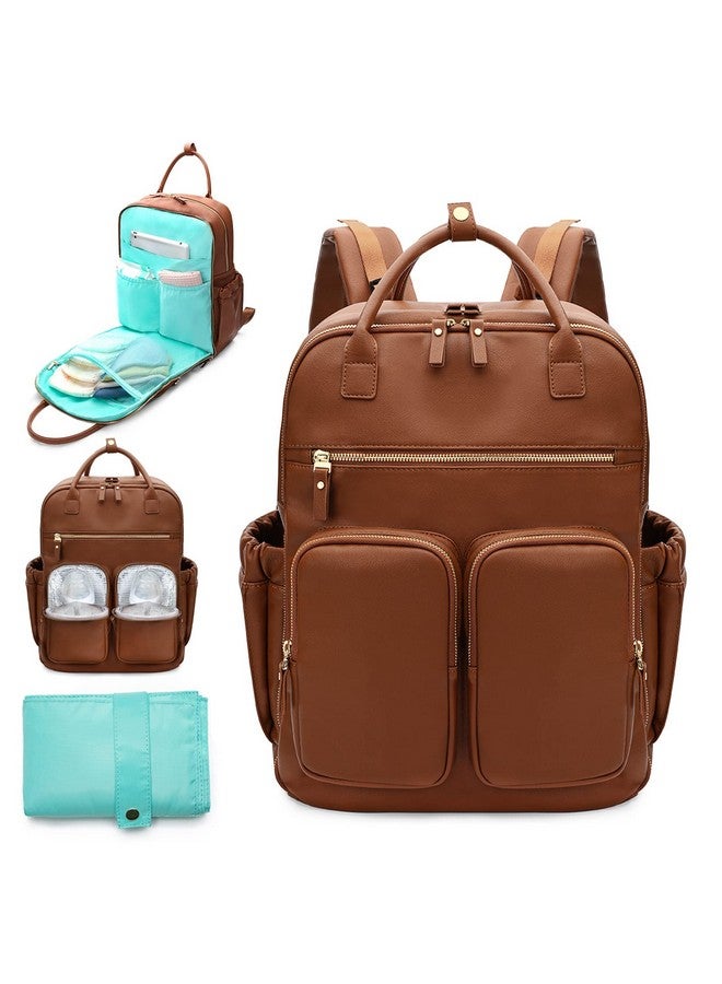 MOMINSIDE حقيبة ظهر حفاضات MOMINSIDE، حقيبة جلدية للأطفال مع 18 جيب، حقيبة حفاضات للنساء الأمهات، حقيبة سفر للأطفال للبنات والأولاد، جيب كبير مبلل، 4 جيوب معزولة، أحزمة لعربة الأطفال، بني - Image 1
