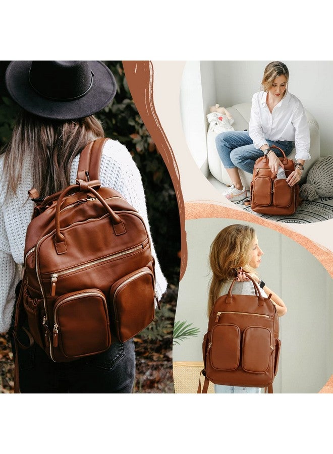 MOMINSIDE حقيبة ظهر حفاضات MOMINSIDE، حقيبة جلدية للأطفال مع 18 جيب، حقيبة حفاضات للنساء الأمهات، حقيبة سفر للأطفال للبنات والأولاد، جيب كبير مبلل، 4 جيوب معزولة، أحزمة لعربة الأطفال، بني - Image 2