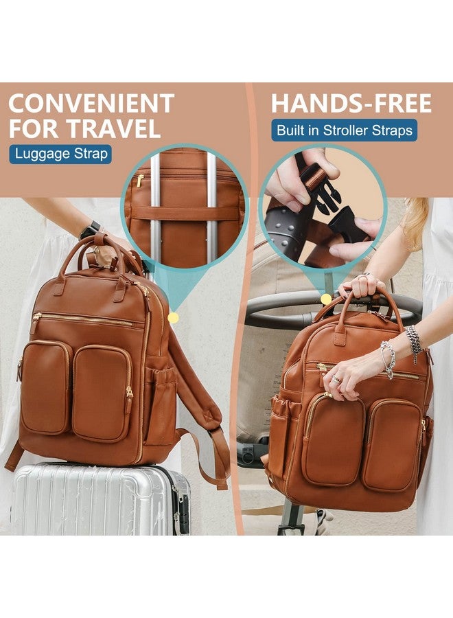 MOMINSIDE حقيبة ظهر حفاضات MOMINSIDE، حقيبة جلدية للأطفال مع 18 جيب، حقيبة حفاضات للنساء الأمهات، حقيبة سفر للأطفال للبنات والأولاد، جيب كبير مبلل، 4 جيوب معزولة، أحزمة لعربة الأطفال، بني - Image 5