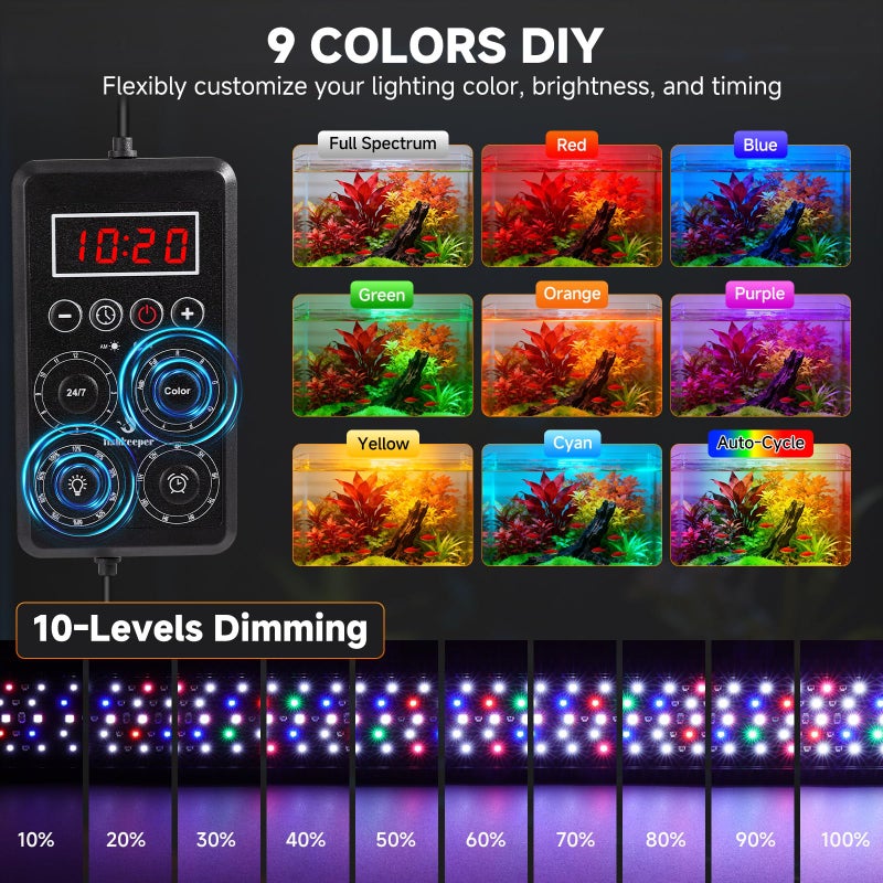 fishkeeper Smart LED Aquarium Light with One-Button Real-Time Sync, 24/7 Mode Full Spectrum Fish Tank Lights, 9 Colors DIY, 9 Timer, 10 Brightness IP68 Waterproof Aquarium Plant Light for 12-18 inch - Image 4