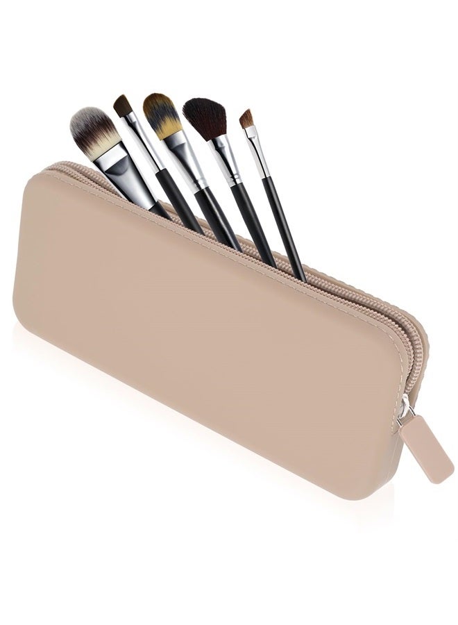 Sakolla Travel Makeup Brush Holder, Silicone Makeup Brush Bag with Zipper Closure, Makeup Brushes Organizer Case Washable Makeup Pouch Holder Case for Daily, Work, Essentials Khaki - Image 1