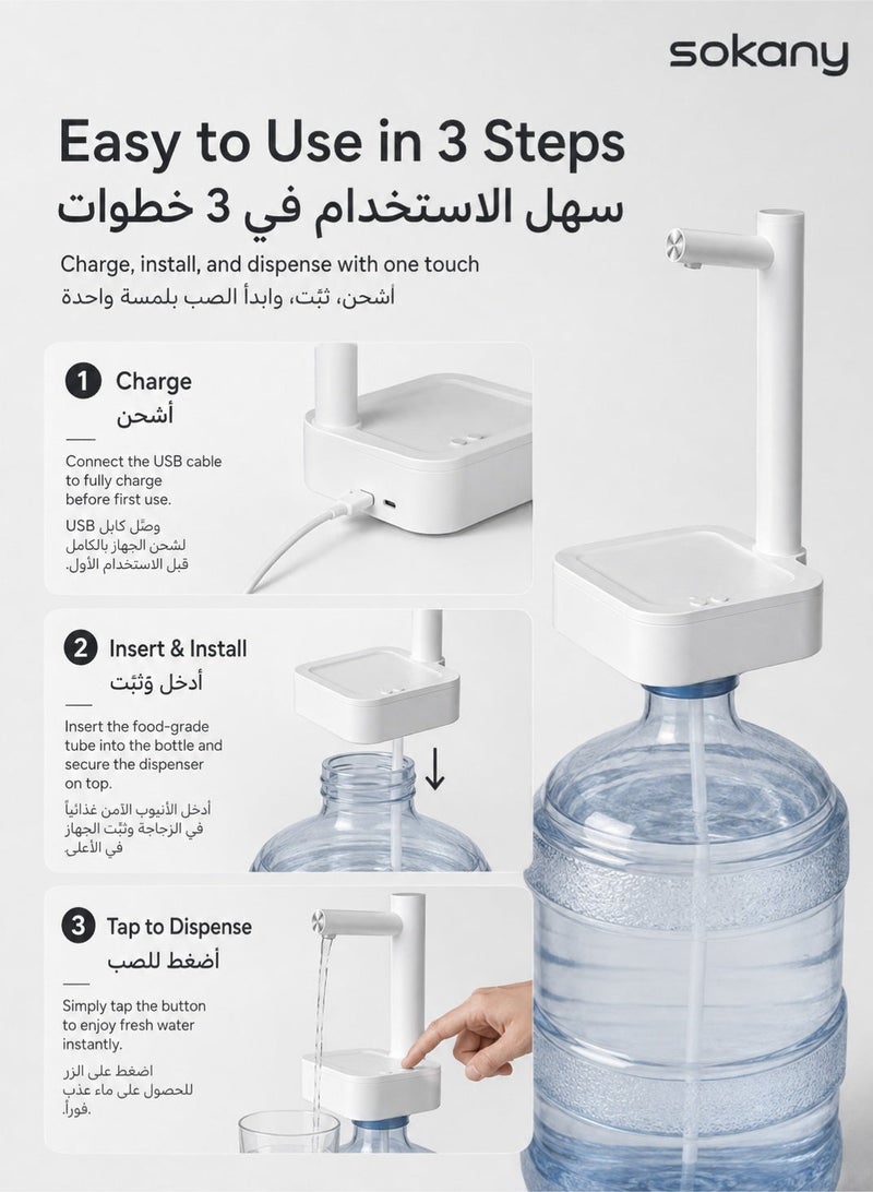 سوكاني مضخة ماء محمولة USB، مضخة ماء مكتبية ذكية مع 6 أوضاع توزيع كمية محددة، مضخة لاسلكية تعمل ببطارية قابلة لإعادة الشحن للمنزل والمكتب والتخييم والأنشطة الخارجية، أبيض - Image 2