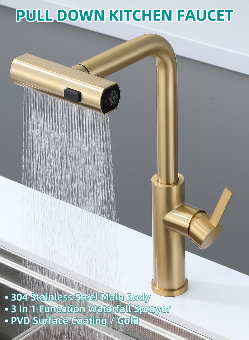 NANAO Kitchen Faucet, 304 Stainless Steel Pull Down Faucet for Kitchen Sink, PVD Gold - Image 2